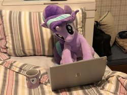 Size: 1024x768 | Tagged: safe, artist:nekokevin, starlight glimmer, pony, unicorn, series:nekokevin's glimmy, g4, bed, bedsheets, computer, female, i mean i see, irl, laptop computer, mare, mug, photo, pillow, plushie, sitting, solo
