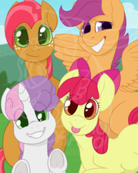 Size: 1000x1250 | Tagged: safe, artist:darkodraco, apple bloom, babs seed, scootaloo, sweetie belle, earth pony, pegasus, pony, unicorn, g4, :p, colored pupils, cutie mark crusaders, eye clipping through hair, frog (hoof), looking at you, obtrusive watermark, silly, smiling, tongue out, underhoof, watermark