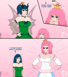 Size: 1920x2160 | Tagged: safe, artist:fluffle puff, artist:mixermike622, queen chrysalis, oc, oc:chrystina, oc:fluffle puff, human, comic:floof'n'friends, g4, all might, breasts, busty queen chrysalis, cleavage, female, humanized, meme, my hero academia, reference, super crown, toadette