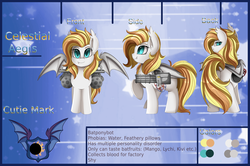 Size: 3337x2212 | Tagged: safe, artist:pridark, oc, oc only, oc:celestial aegis, bat pony, pony, bat pony oc, female, gun, high res, mare, minigun, reference sheet, smiling, solo, weapon