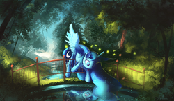 Size: 4770x2785 | Tagged: safe, artist:auroriia, princess luna, alicorn, pony, g4, :p, bent over, bridge, cute, ethereal mane, female, grass, looking at something, looking down, mare, outdoors, reflection, river, scenery, signature, silly, solo, spread wings, starry mane, tongue out, tree, water, wings
