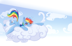 Size: 1382x893 | Tagged: safe, artist:ladychimaera, rainbow dash, pegasus, pony, g4, cloud, female, lying on a cloud, mare, sky, solo