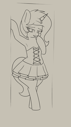 Size: 3240x5760 | Tagged: safe, artist:andelai, oc, oc only, oc:celice, pony, unicorn, semi-anthro, absurd resolution, arm hooves, armpits, bedroom eyes, bipedal, clothes, cute, female, lineart, monochrome, sketch, skirt, solo