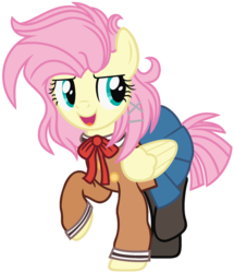 Size: 1280x1485 | Tagged: safe, artist:bezziie, fluttershy, pony, g4, alternate hairstyle, clothes, cosplay, costume, female, pantyhose, rimi, schoolgirl, short hair, simple background, skirt, solo, transparent background