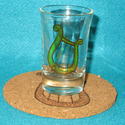 Size: 1492x1492 | Tagged: safe, artist:malte279, lyra heartstrings, g4, coaster, cork, craft, cutie mark, glass, glass painting, pyrography, shot glass, traditional art