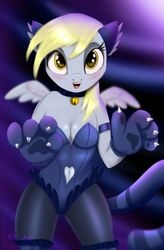 Size: 4200x6400 | Tagged: safe, artist:darksly, derpy hooves, pegasus, anthro, g4, absurd resolution, bell, bell collar, belly button, blushing, breasts, cat ears, cleavage, clothes, collar, female, fishnet stockings, leotard, looking at you, mare, open mouth, signature, smiling, solo