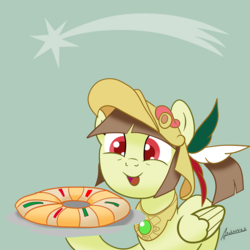 Size: 1500x1500 | Tagged: safe, artist:archooves, oc, oc:tailcoatl, pegasus, pony, aztec, female, mare, mexico, open mouth, ring-shaped cake, rosca de reyes, smiling, solo