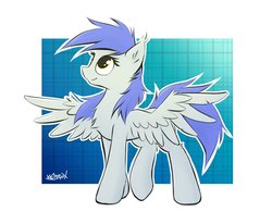 Size: 1603x1323 | Tagged: safe, artist:kejifox, oc, oc only, oc:gabriel, pegasus, pony, blue mane, chest fluff, female, looking up, raised leg, smiling, solo, spread wings, walking, white coat, wings