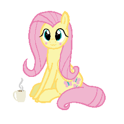 Size: 743x743 | Tagged: safe, artist:czu, fluttershy, pony, g4, animated, blush sticker, blushing, female, food, gif, looking at you, mare, sitting, solo, tea