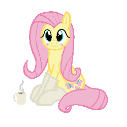 Size: 743x743 | Tagged: safe, alternate version, artist:czu, fluttershy, pony, g4, animated, blush sticker, blushing, clothes, female, food, gif, looking at you, mare, sitting, socks, solo, tea