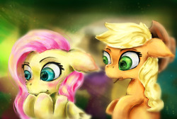 Size: 3508x2363 | Tagged: safe, artist:mashiromiku, applejack, fluttershy, earth pony, pegasus, pony, g4, bust, duo, female, high res, looking at something, mare
