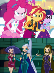 Size: 500x667 | Tagged: safe, editor:earwaxkid, pinkie pie, sci-twi, sunset shimmer, twilight sparkle, equestria girls, equestria girls series, g4, rollercoaster of friendship, angry, clothes, comparison, crossover, darcy (winx club), geode of empathy, geode of sugar bombs, geode of telekinesis, hasbro, hasbro studios, icy, magical geodes, rainbow s.r.l, skirt, stormy, tank top, the trix, winx club