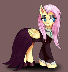 Size: 1280x1349 | Tagged: safe, artist:leclecarchie, fluttershy, pegasus, pony, fake it 'til you make it, g4, brown background, clothes, ear piercing, eyeshadow, female, fluttergoth, goth, lidded eyes, makeup, piercing, simple background, solo