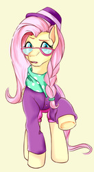Size: 1020x1855 | Tagged: safe, artist:leclecarchie, fluttershy, pegasus, pony, fake it 'til you make it, g4, alternate hairstyle, braid, clothes, female, glasses, hipstershy, scarf, simple background, solo, yellow background