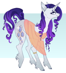 Size: 576x642 | Tagged: safe, artist:ectopi, rarity, pony, unicorn, g4, alternate design, cloven hooves, female, jewelry, redesign, sash, simple background, solo, unshorn fetlocks