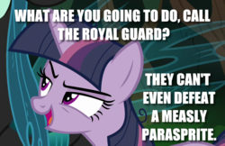 Size: 780x504 | Tagged: safe, edit, edited screencap, screencap, mean twilight sparkle, alicorn, pony, g4, the mean 6, caption, clone, female, image macro, mare, solo focus, text