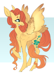 Size: 618x843 | Tagged: safe, artist:ectopi, fluttershy, pegasus, pony, g4, alternate design, female, hair over one eye, long mane, long tail, looking away, mare, raised hoof, redesign, shoulder feathers, simple background, smiling, solo, spread wings, standing, tail feathers, turned head, wing fluff, wings