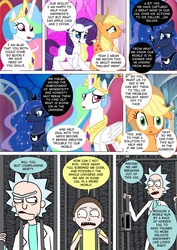 Size: 800x1133 | Tagged: safe, artist:imbriaart, applejack, princess celestia, princess luna, rarity, alicorn, earth pony, human, pony, unicorn, comic:magic princess war, g4, canterlot, canterlot castle, clothes, comic, crossover, morty smith, rick and morty, rick sanchez