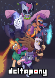 Size: 2000x2840 | Tagged: safe, artist:tyscope, gilda, maud pie, pinkie pie, rarity, scootaloo, sunburst, earth pony, pony, g4, armpits, axe, clothes, cosplay, costume, crossover, deltarune, high res, jevil, kris, lancer (deltarune), magic, open mouth, poster, ralsei, rouxls kaard, scooter, simple background, susie (deltarune), sword, toby fox, tongue out, weapon