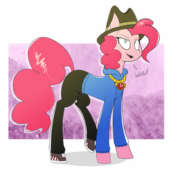 Size: 1280x1280 | Tagged: safe, artist:goldenled, pinkie pie, earth pony, pony, g4, testing testing 1-2-3, clothes, dialogue, female, hat, hoodie, no pupils, one word, open mouth, pants, rapper pie, shoes, solo