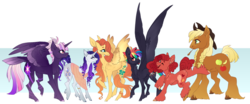 Size: 900x376 | Tagged: safe, artist:ectopi, applejack, fluttershy, pinkie pie, rainbow dash, rarity, twilight sparkle, alicorn, earth pony, pegasus, pony, unicorn, g4, alternate design, diverse body types, line-up, mane six, redesign, shoulder feathers, simple background, tail feathers, twilight sparkle (alicorn)