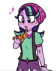 Size: 499x629 | Tagged: safe, artist:gloomynyan, starlight glimmer, equestria girls, equestria girls specials, g4, mirror magic, :3, beanie, clothes, eating, female, food, happy, hat, meat, pants, pepperoni, pineapple, pineapple pizza, pizza, shirt, simple background, smiling, solo, that pony sure does love pineapple pizza, watch, white background, wristwatch