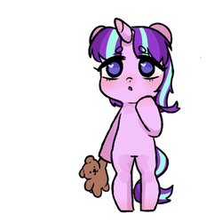 Size: 2000x2000 | Tagged: safe, artist:gloomynyan, starlight glimmer, pony, unicorn, g4, :o, bipedal, cute, female, filly, filly starlight glimmer, glimmerbetes, heart eyes, high res, open mouth, raised hoof, simple background, solo, teddy bear, white background, wingding eyes, younger