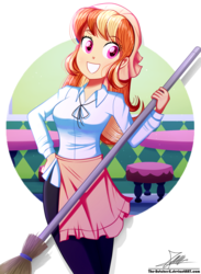 Size: 920x1260 | Tagged: safe, artist:the-butch-x, oc, oc only, oc:mandarine mélange, equestria girls, g4, birthday gift, broom, equestria girls-ified, female, smiling, solo, stool, table, waitress
