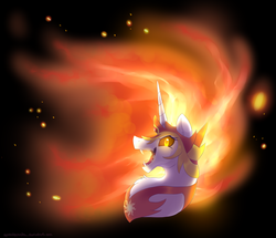 Size: 1840x1582 | Tagged: safe, artist:cynicalsonata, daybreaker, princess celestia, pony, g4, black background, bust, chest fluff, ear fluff, fangs, female, helmet, mane of fire, open mouth, portrait, profile, sharp teeth, simple background, solo, teeth