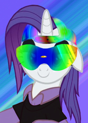Size: 262x365 | Tagged: safe, artist:smooth-criminal-13, rarity, pony, unicorn, friendship university, g4, abstract background, alternate hairstyle, backwards ballcap, baseball cap, cap, clothes, disguise, female, hat, plainity, rainbow colors, smiling, solo, sunglasses