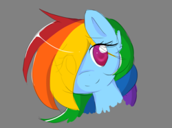 Size: 1668x1248 | Tagged: safe, artist:cynicalsonata, rainbow dash, pony, g4, bust, colored pupils, cute, dashabetes, ear fluff, eye clipping through hair, female, gray background, hair over one eye, head only, mare, portrait, simple background, solo