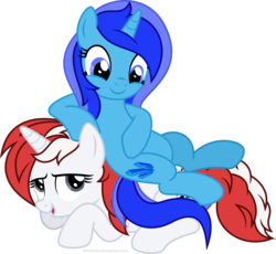 Size: 3500x3222 | Tagged: safe, artist:aeonkrow, oc, oc:spacelight, oc:stock piston, pony, unicorn, couchpony, duo, duo female, female, high res, simple background, sitting on pony, transparent background, unicorn oc