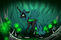 Size: 2002x1319 | Tagged: safe, artist:quadrog, queen chrysalis, changeling, changeling queen, g4, changeling egg, changeling hive, crown, fangs, female, jewelry, lidded eyes, profile, regalia, solo