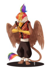 Size: 1280x1747 | Tagged: safe, artist:maxiima, oc, oc:rainbow feather, griffon, anthro, bow, clothes, cosplay, costume, dreamworks, interspecies offspring, kung fu, kung fu panda, magical lesbian spawn, offspring, parent:gilda, parent:rainbow dash, parents:gildash, ponytail, solo