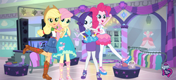 Size: 1920x878 | Tagged: safe, applejack, fluttershy, pinkie pie, rarity, equestria girls, g4, my little pony equestria girls: better together, female, geode of shielding, geode of sugar bombs, magical geodes