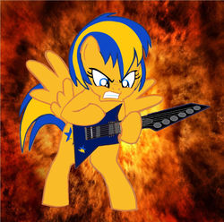 Size: 1280x1268 | Tagged: safe, artist:mlpfan3991, oc, oc only, oc:flare spark, pegasus, pony, g4, angry, angry face, base used, bipedal, fire, guitar, guitarity, heavy metal, musical instrument, rage, rock (music), solo