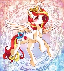 Size: 500x555 | Tagged: safe, artist:tsukuda, oc, oc only, oc:poniko, alicorn, pony, abstract background, alicorn oc, alicornified, blushing, bow, crown, female, flying, jewelry, mare, race swap, regalia, solo, spread wings, tail bow, wings