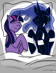 Size: 4250x5500 | Tagged: safe, artist:pegaplex, nightmare moon, twilight sparkle, oc, oc:nyx, alicorn, pony, unicorn, fanfic:past sins, g4, absurd resolution, adopted daughter, adopted offspring, alicorn oc, bandage, bed, blanket, crying, duo, duo female, eyes closed, fanfic, fanfic art, female, folded wings, mother and daughter, nightmare nyx, parent:twilight sparkle, pillow, scene interpretation, smiling, tears of joy, unicorn twilight