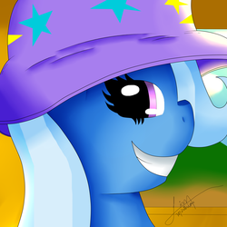 Size: 2880x2880 | Tagged: safe, artist:jimmy draws, trixie, pony, unicorn, g4, bust, clothes, female, hat, high res, looking at you, mare, portrait, signature, smiling, solo, trixie's hat