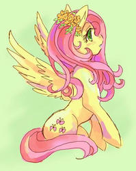 Size: 450x566 | Tagged: safe, artist:tsukuda, fluttershy, pegasus, pony, g4, blushing, colored wings, female, flower, flower in hair, mare, multicolored wings, solo