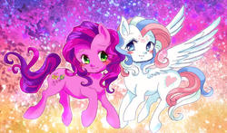 Size: 650x381 | Tagged: safe, artist:tsukuda, skywishes, star catcher, earth pony, pegasus, pony, g3, catcherbetes, cute, diabetes, duo, female, human facial structure, mare, skybetes, sparkles