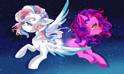 Size: 833x500 | Tagged: safe, artist:tsukuda, skywishes, star catcher, earth pony, pegasus, pony, g3, crying, female, mare