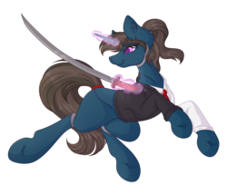 Size: 4506x3870 | Tagged: safe, artist:amazing-artsong, oc, oc only, pony, unicorn, clothes, commission, female, glowing horn, horn, katana, magic, mare, simple background, smiling, solo, sword, transparent background, weapon