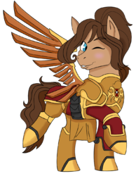 Size: 900x1160 | Tagged: safe, artist:dbkit, oc, oc only, oc:darius dasius, pegasus, pony, armor, commission, female, mare, one eye closed, power armor, prosthetic wing, raised hoof, simple background, solo, transparent background, warhammer (game), warhammer 40k, wink