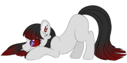 Size: 600x299 | Tagged: safe, artist:sinamuna, oc, oc only, oc:virago, pony, vampire, vampony, base used, blunt bangs, crouching, ear piercing, fangs, female, hime cut, mare, piercing, ponified, ponified oc, purple eyes, red sclera, redesign, slit pupils, smiling, smirk, solo, updated design