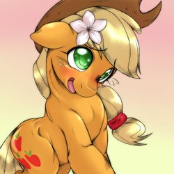 Size: 1536x1536 | Tagged: safe, artist:kurogewapony, applejack, earth pony, pony, g4, applejack's hat, blushing, clothes, cowboy hat, cute, female, flower, flower in hair, freckles, gradient background, hat, jackabetes, mare, open mouth, smiling, solo, stetson