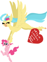 Size: 2578x3403 | Tagged: safe, artist:nootaz, pinkie pie, princess skystar, classical hippogriff, earth pony, hippogriff, pony, g4, my little pony: the movie, balloon, blushing, cute, diapinkes, duo, eyes closed, female, flower, flower in hair, flying, freckles, high res, holding a pony, lesbian, requested art, ship:skypie, shipping, simple background, spread wings, text, transparent background, wings