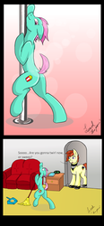 Size: 1395x3000 | Tagged: safe, artist:leadthepone, oc, oc:java pone, oc:java strings, oc:lead pone, earth pony, pony, butt, cleaning, daydream, male, plot, pole dancing, raised tail, short comic, stripper pole, tail