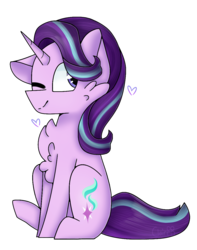 Size: 941x1194 | Tagged: safe, artist:tater, starlight glimmer, pony, unicorn, g4, chest fluff, female, one ear down, one eye closed, simple background, sitting, smiling, solo, transparent background, wink