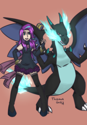 Size: 1136x1630 | Tagged: safe, artist:fatamorganaedic, starlight glimmer, human, g4, crossover, humanized, light skin, mega charizard x, poké ball, pokémon, pokémon trainer